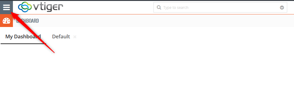 Access the Vtiger menu in the dashboard
