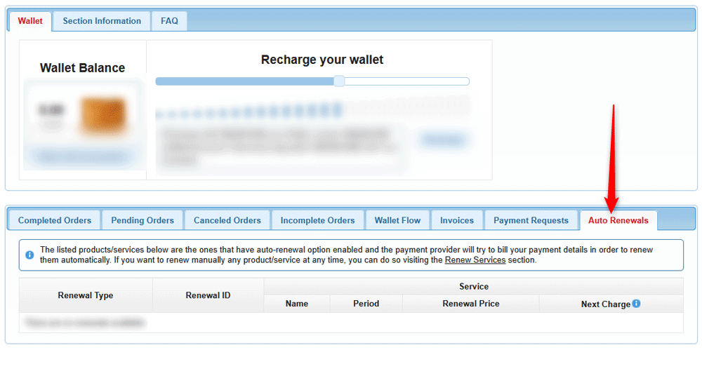 Select the auto-renewal tab to see which services will update automatically
