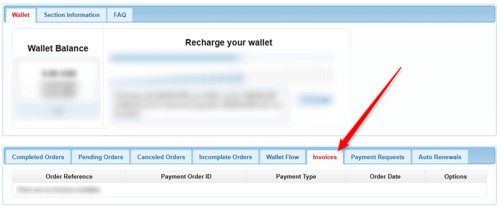 Open the Invoices tab within the Wallet page