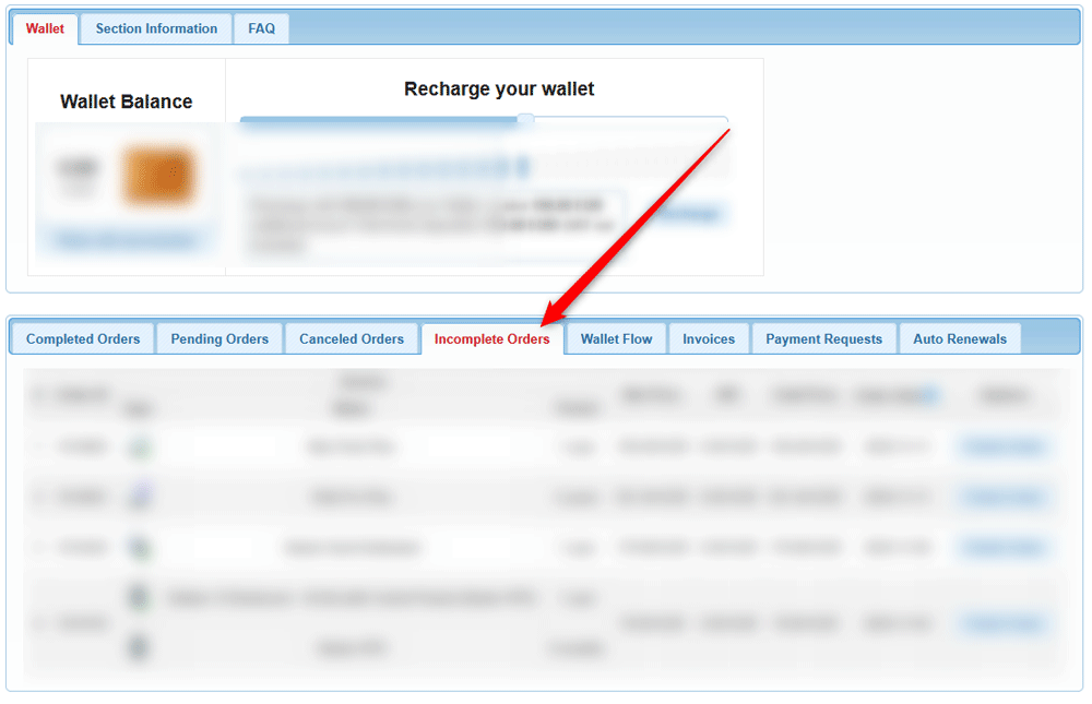 Browse the list with your incomplete orders