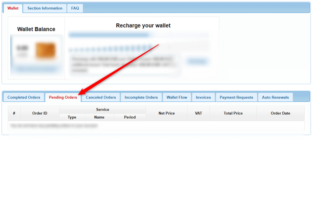 Pending Orders tab in AwardSpace hosting panel