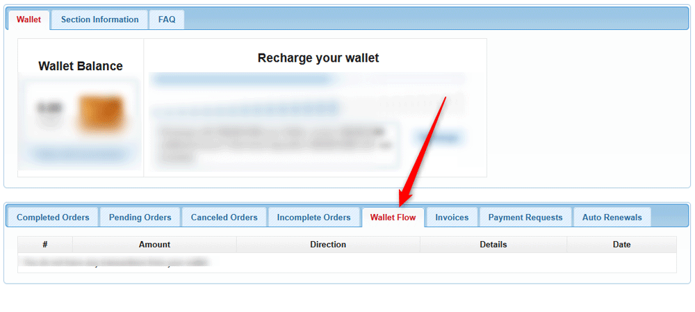 Click the Wallet Flow tab to checkamounts, directions, details and dates