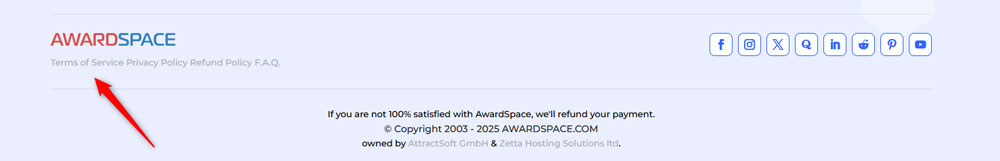 Access the AwardSpace Terms of Service via the homepage footer link
