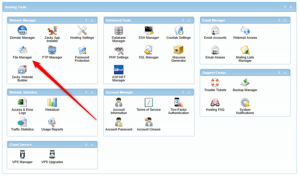 Access the file manager via the AwardSpace hosting panel
