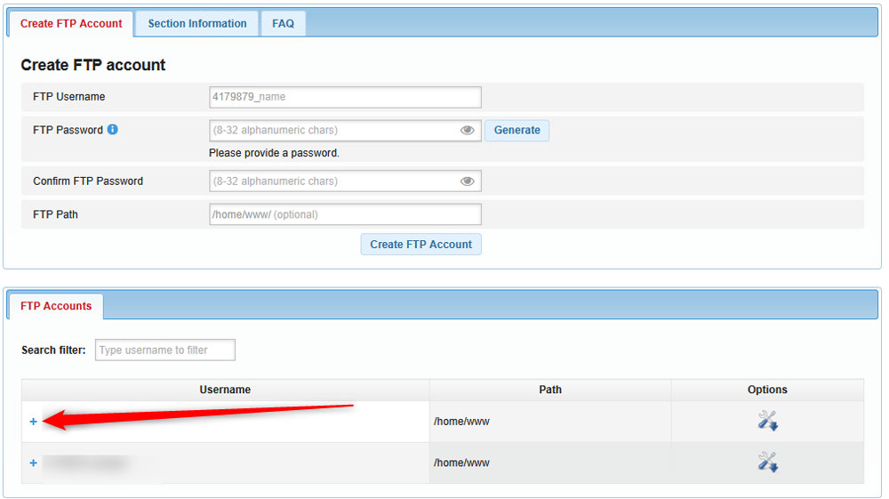 Select an FTP account to which you wish to change the password