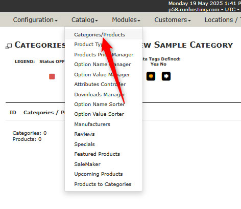 Open Zen Cart Category manager to delete a given category