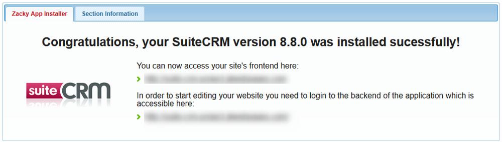 SuiteCRM installation message links