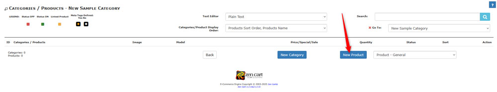 Click the New Product to add a product to a given category
