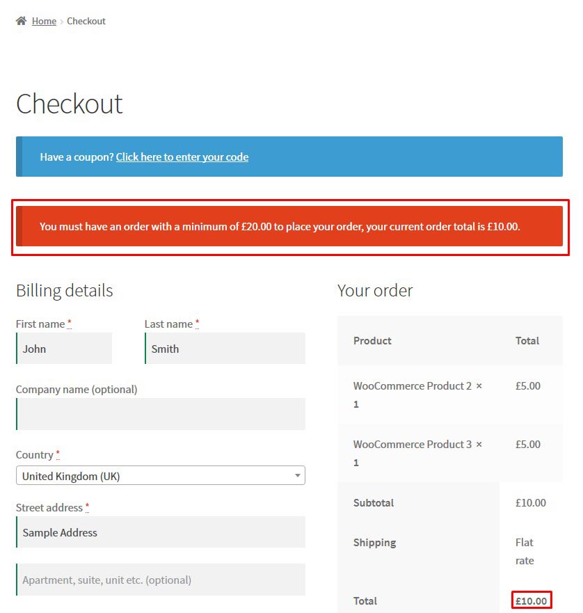 woocommerce minimum order ammount error