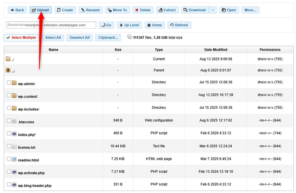 Upload WordPress core via the hosting panel