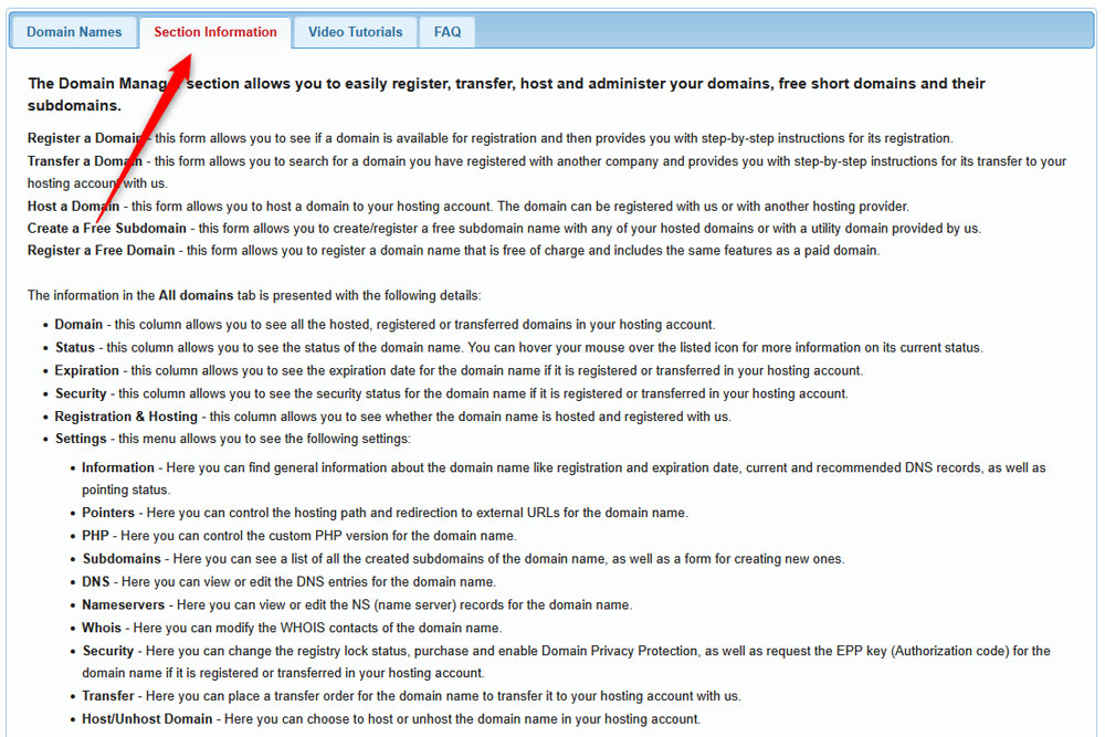 Open the Section Information for general guidelines about your domains