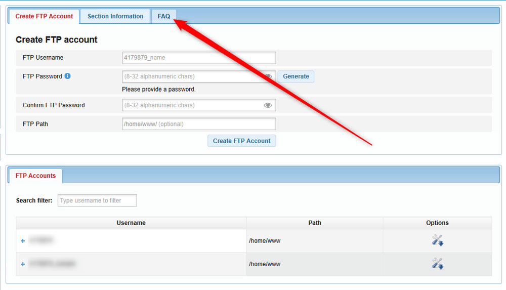 Head to the FAQ tab within the FTP Manager page