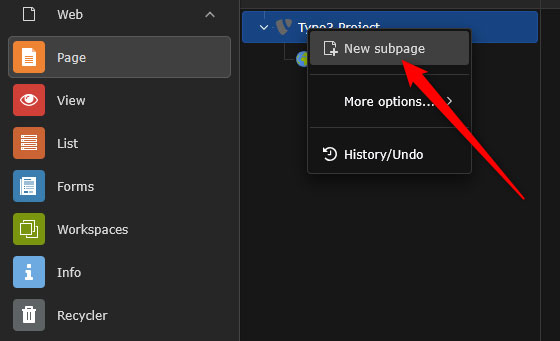 Select where to add your new TYPO3 page