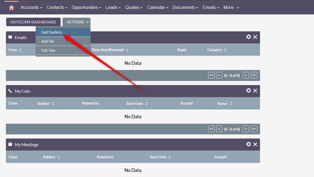 in the SuiteCRM dashboard tab, click on Actions, so you open the dashlets menu