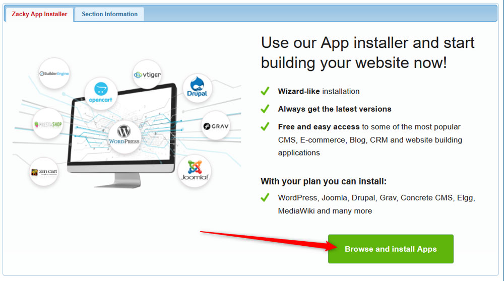 Browse and Install the available apps via AwardSpace panel