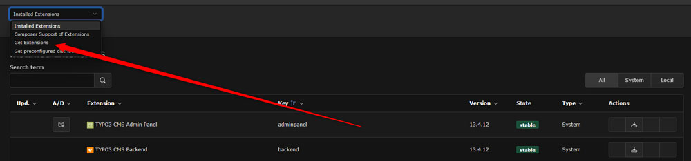 Use the TYPO3 search bar to find new themes