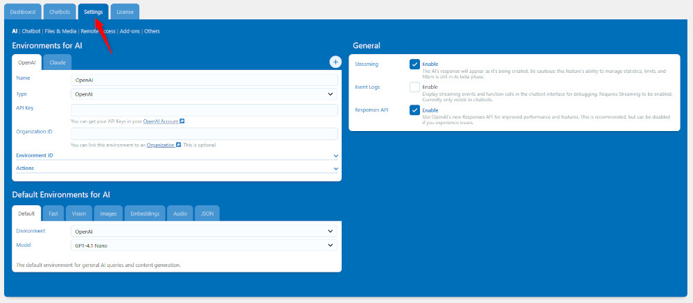 Open the integration plugin dashboard to make connection with ChatGPT and set it up