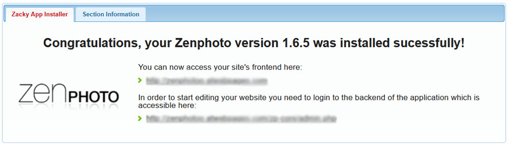 Open the Zencart login page by following the installation confirmation message links