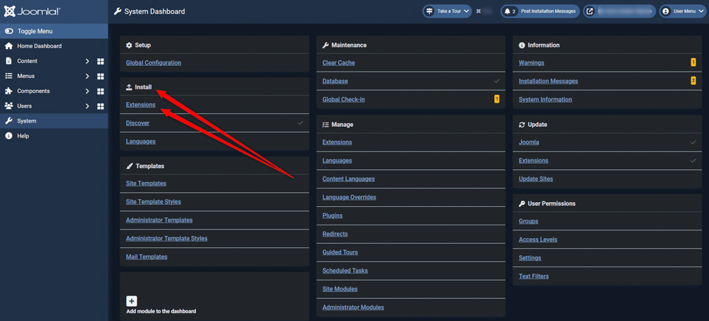Install Joomla extensions access extensions section