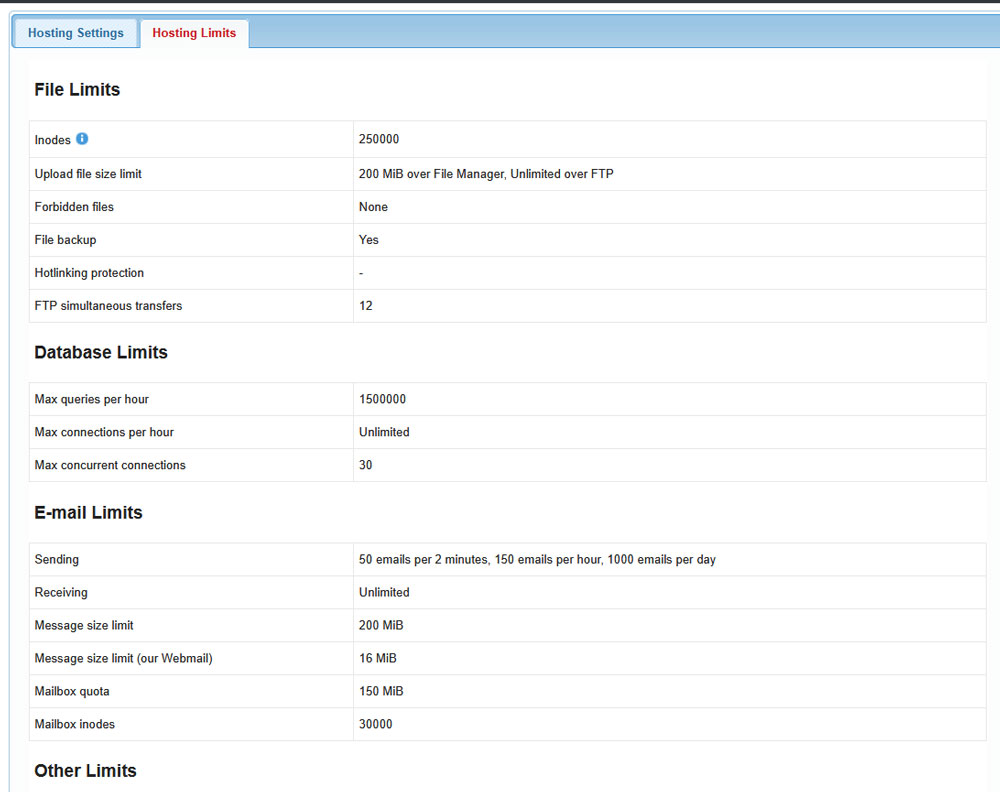 The information about all your hosting limits on your account