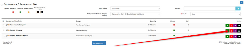 Click the red bin icon to delete a Zen Cart category