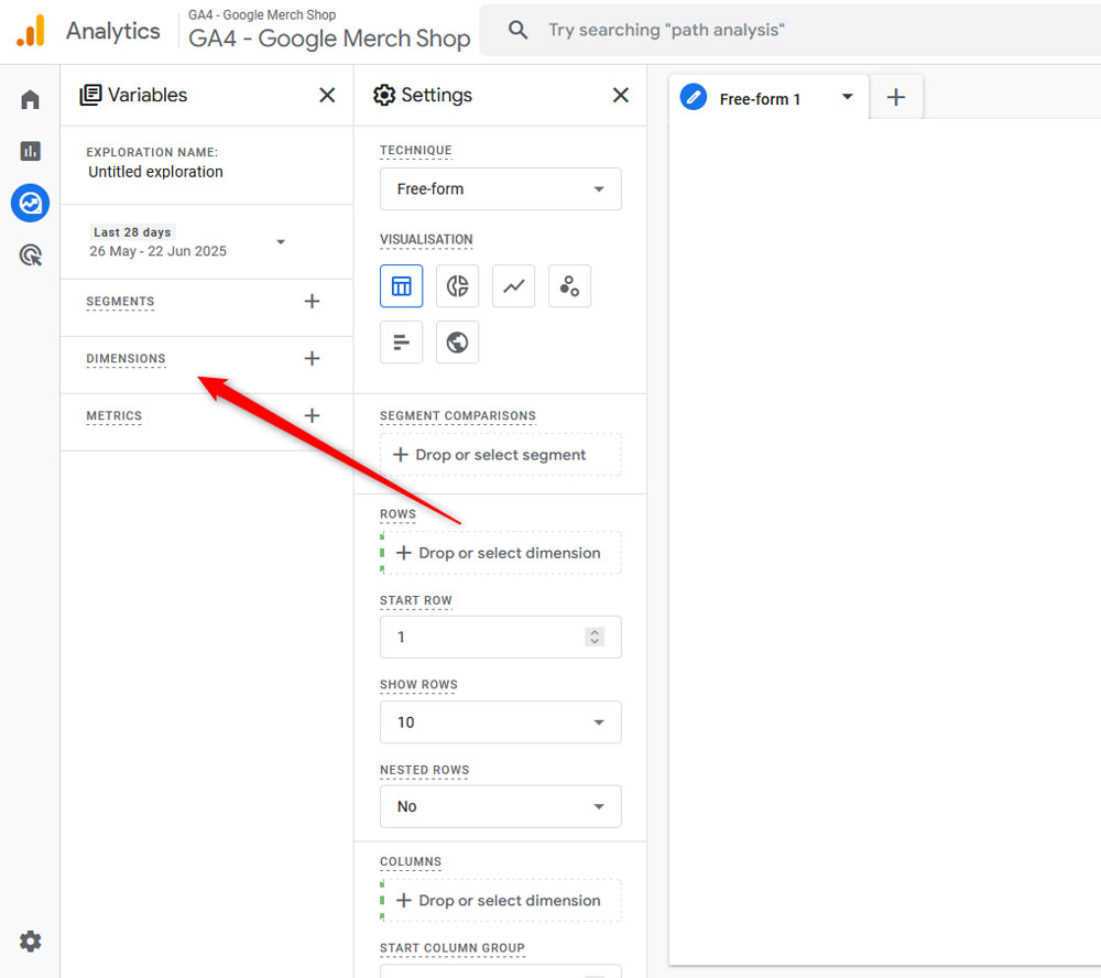 Select Dimensions in the Exploration Template