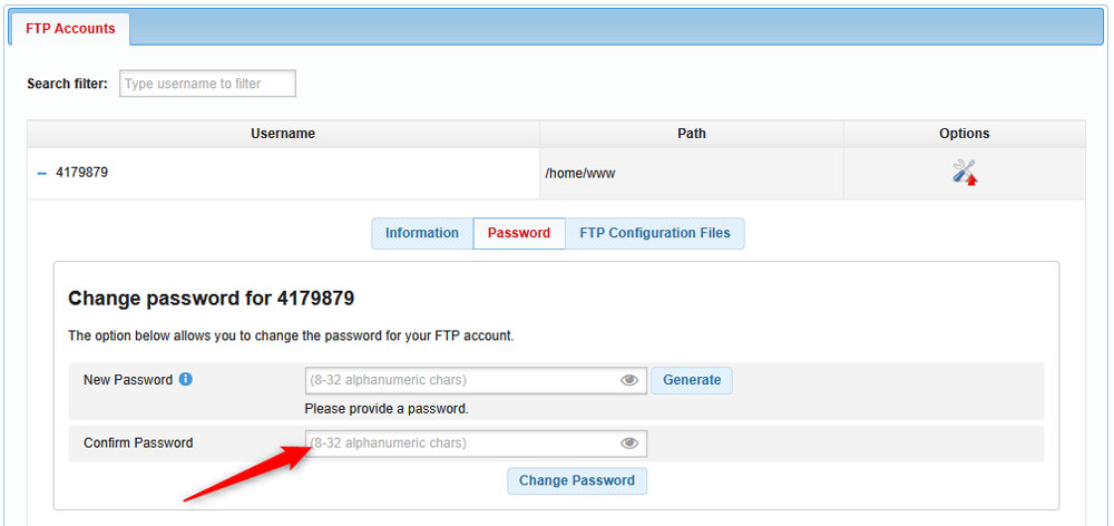 Confirm your new FTP password