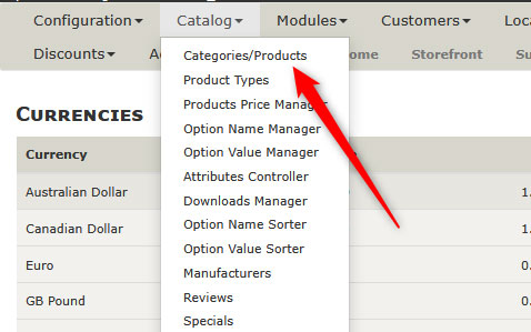 Configure products and categories in Zen Cart 