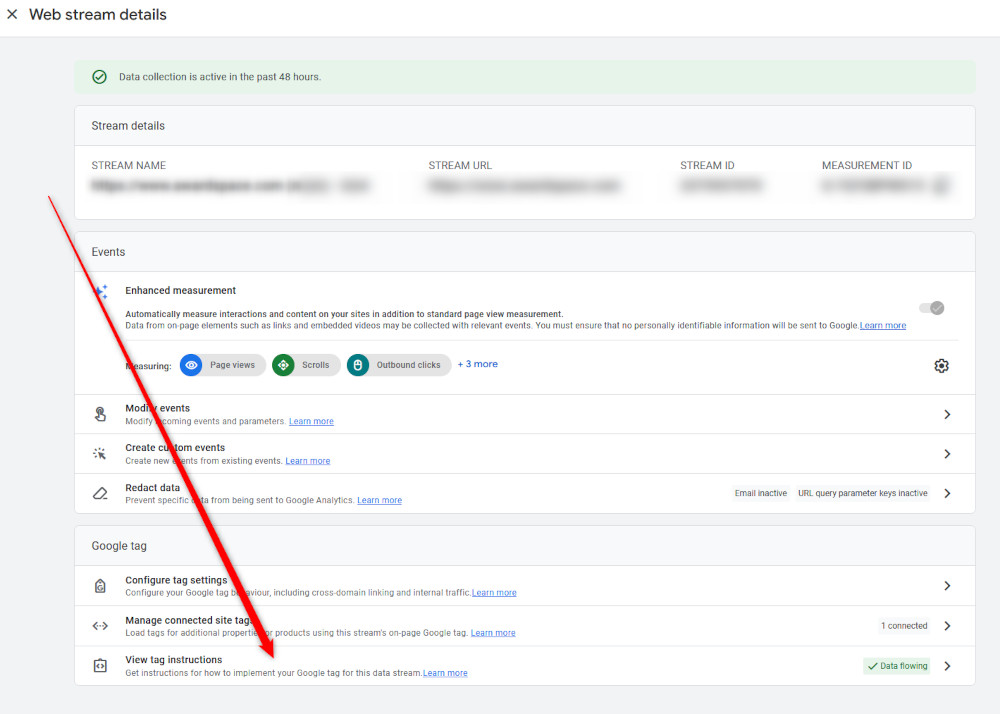 View Tag Instructions panel