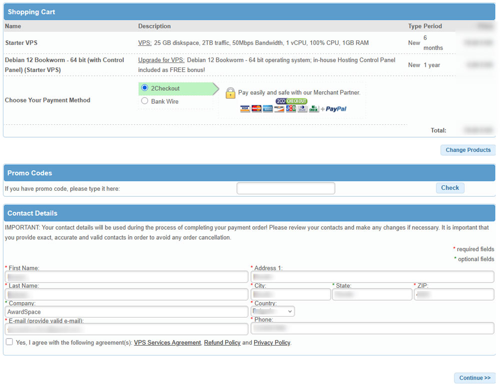 Purchasing details for your AwardSpace order