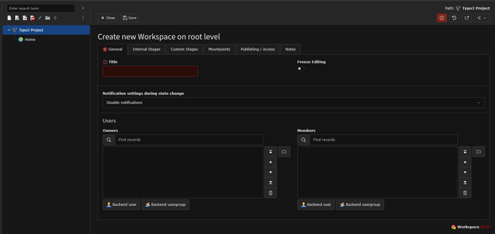 Workspace creation page