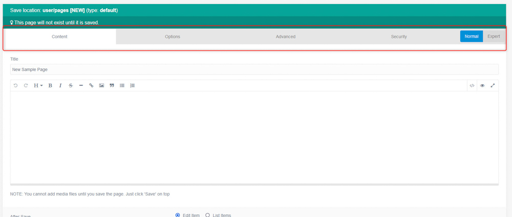 Grav page editor menu tabs