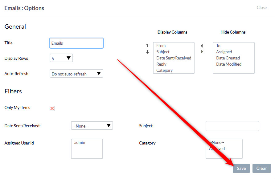 Save dashlet settings by clicking the button at the bottom right of the box