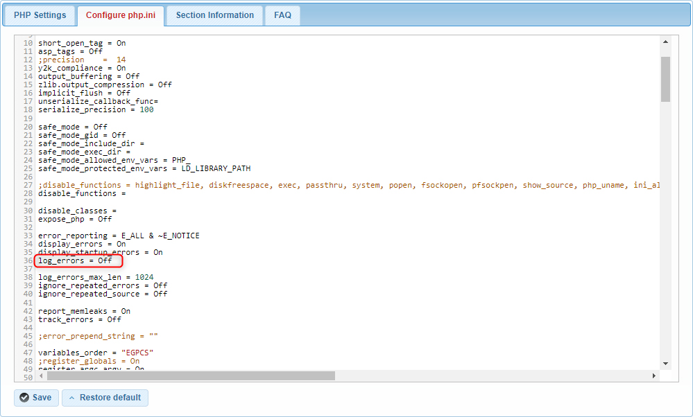 The disabled PHP directive that allows to log errors.