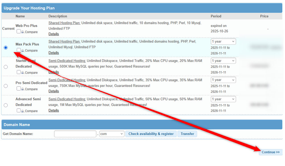 Select a plan to upgrade to and click on Continue to finish the process