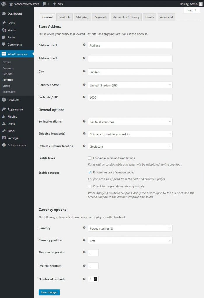 WooCommerce Settings General Tab