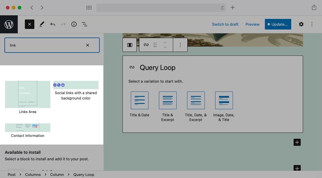 WordPress 5.8 “Tatum” now shows block pattern suggestions in addition to block search results.