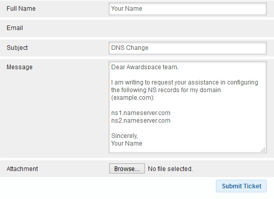 name servers change via trouble ticket