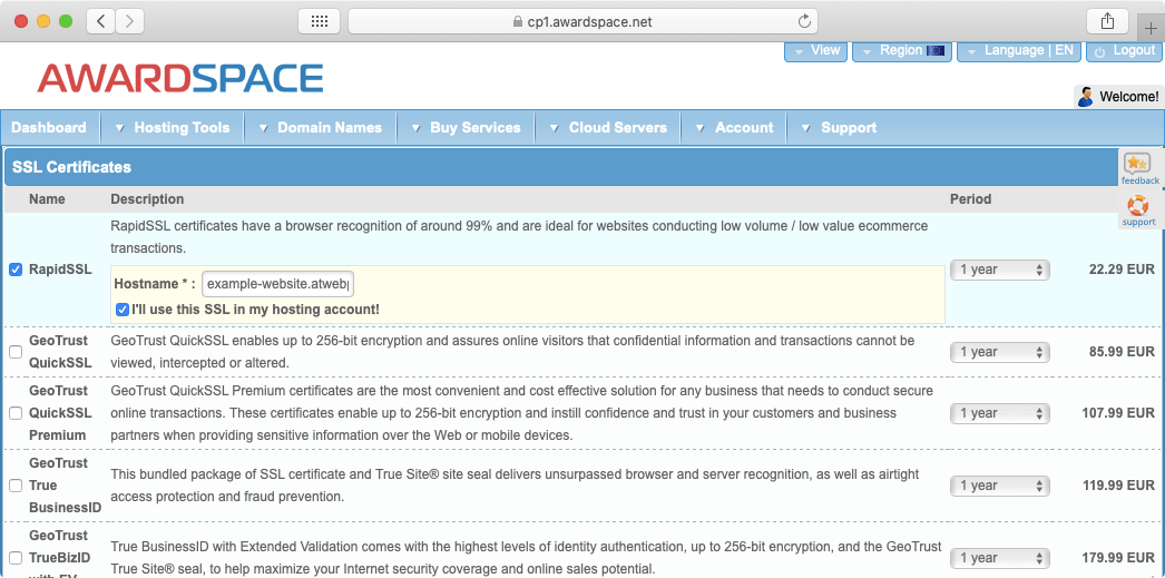 Double-check the entered domain or subdomain name as it cannot be amended once the order is placed.
