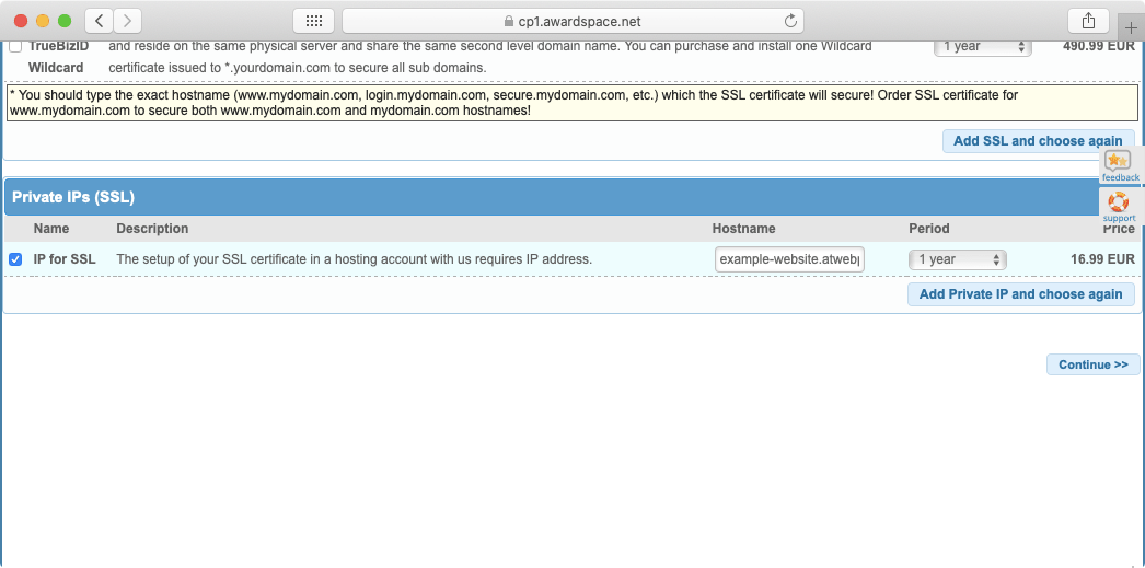 The option to purchase an IP for SSL can be found below the list of premium SSL certificates that we have on sale.