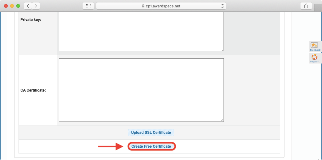 The ability to create a free SSL certificate for your domain name is found under the option to upload a certificate.