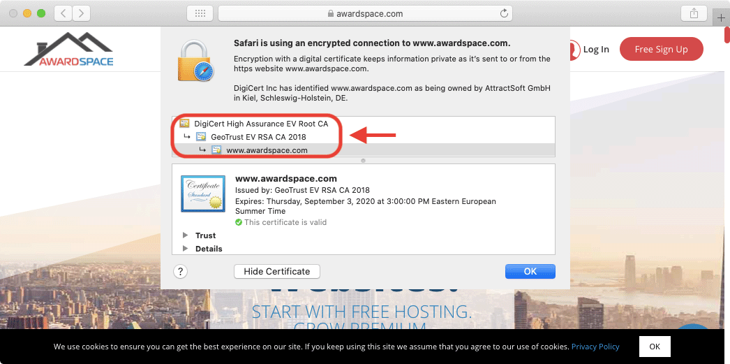 In the screenshot you can see the chain of trust between the three types of certificates.