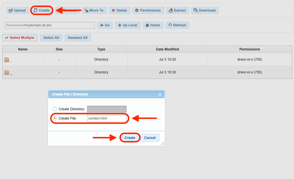 Creating the contact.html file through the File Manager section of the Control Panel.