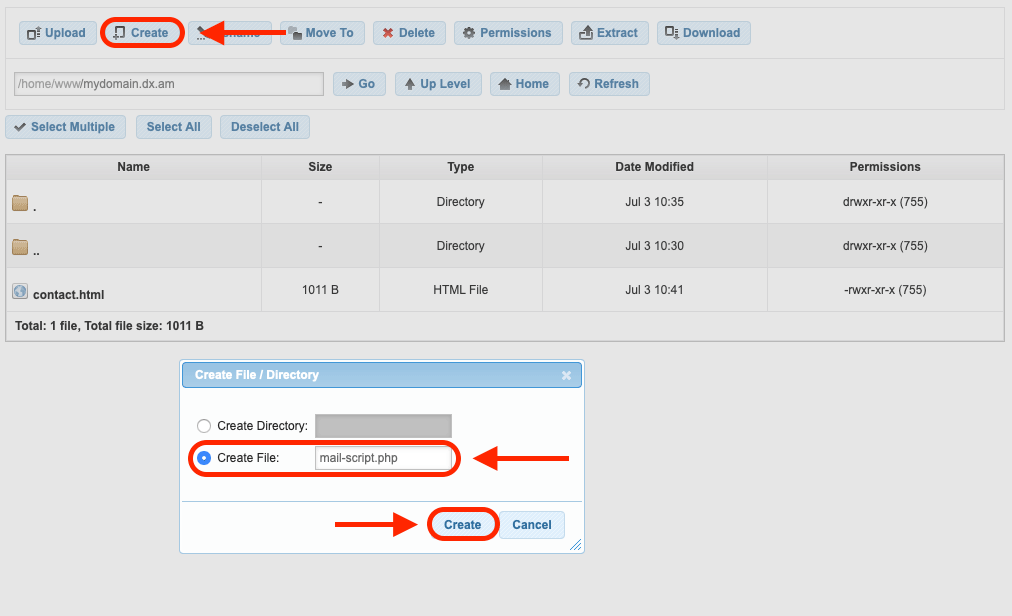 Creating the mail-script.php file which will house the mail-sending logic for the contact form through the File Manager section of the Control Panel.