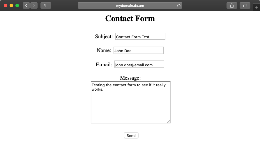 The free HTML email form and PHP script in action.