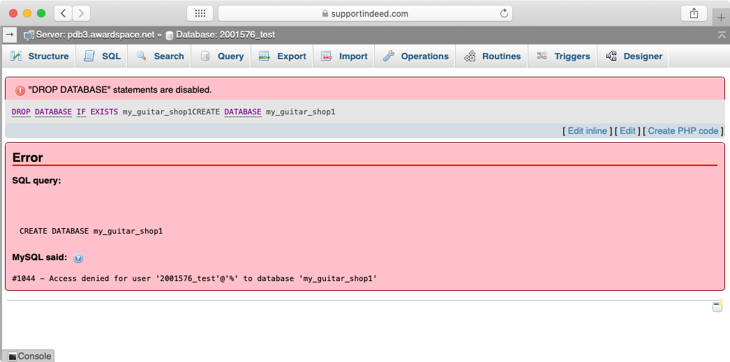 Dropping (deleting) a database is a feature that will not be available on most shared hosting accounts and would yield a 1044 access denied error.