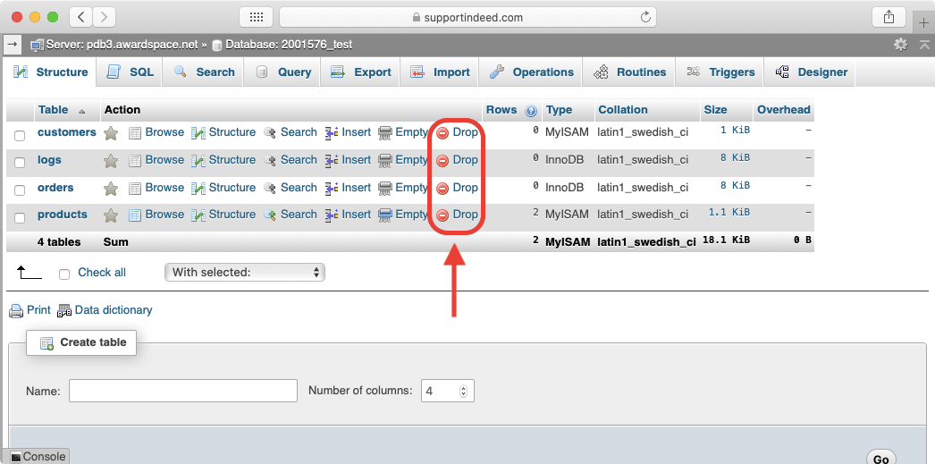 phpMyAdmin uses the term Drop to refer to the deletion of an entire table.
