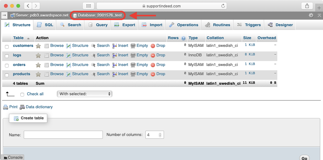Clicking on your database name in phpMyAdmin takes you to the structure view for your database.