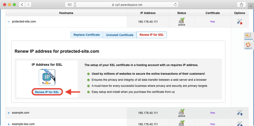 Confirm that you wish to proceed with the renewal of the IP for SSL by clicking on the Renew IP for SSL button.