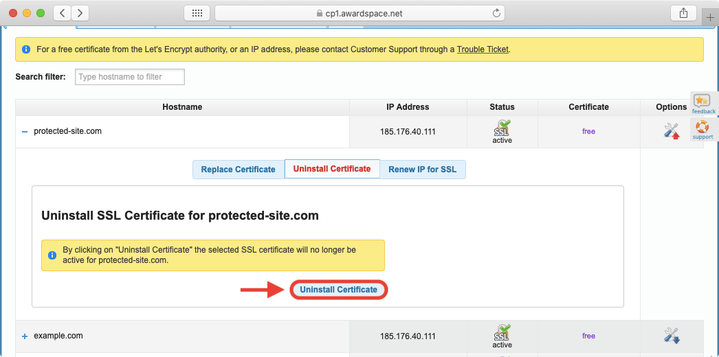 The SSL Manager will ask you to confirm your choice as the SSL certificate removal cannot be reverted.